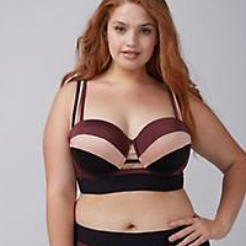 Cacique Longline Bikini Top with Built-In Bandeau bra size: 40C purple/black